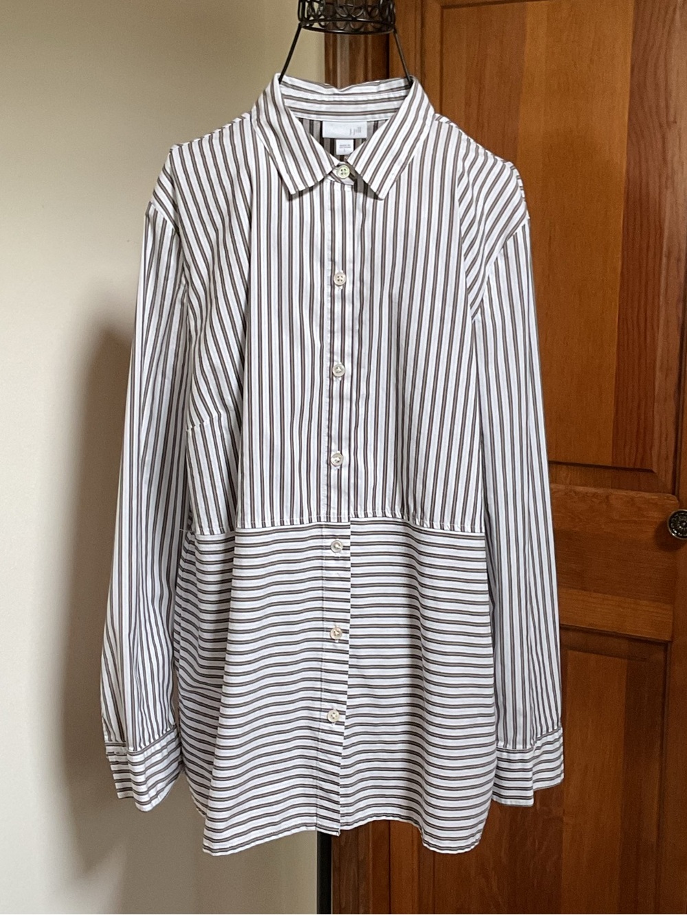 J. Jill White and Brown Striped Button-Front Shirt, Large
